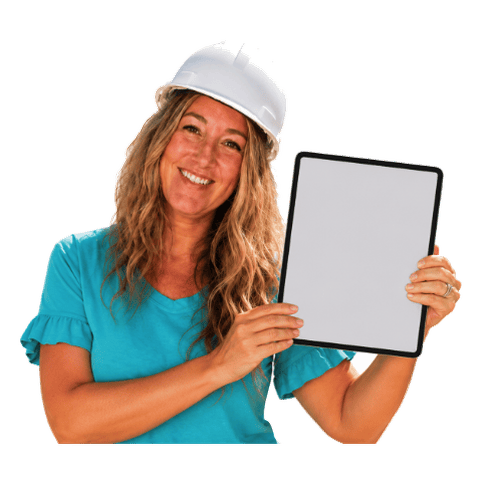Jenny holding a tablet showing the Punch-In Publishing Calculator