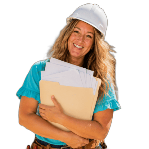 Jenny holding a folder of papers for the Quitting Time Resource Roundup