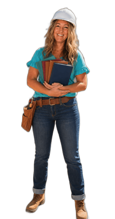 Jenny standing on the job site in her hard hat, smiling and holding a stack of books