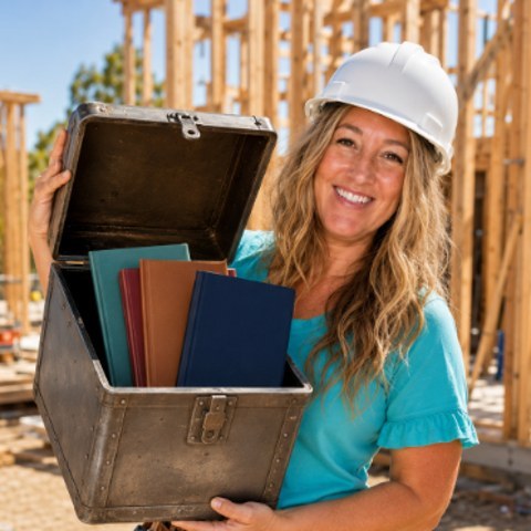 Jenny smiling and holding a stack of colorful published books