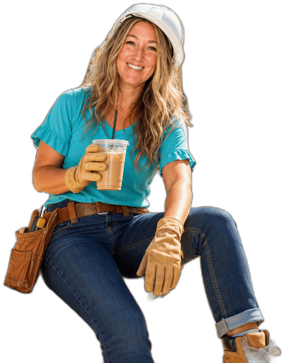 Jenny relaxing on a stack of lumber in her construction gear, sipping an iced coffee