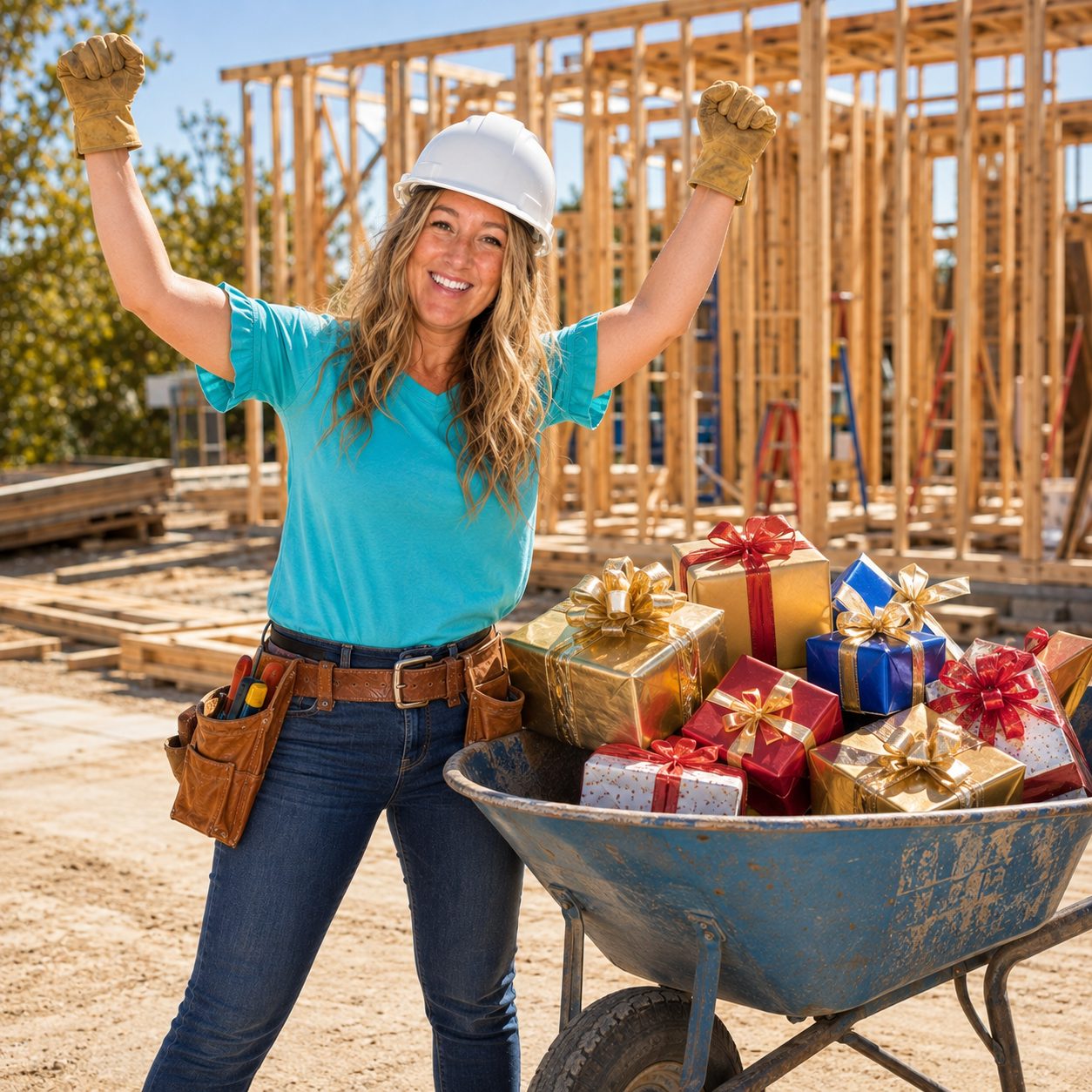 Jenny in a hard hat celebrating next to a wheelbarrow overflowing with wrapped gifts on a construction site