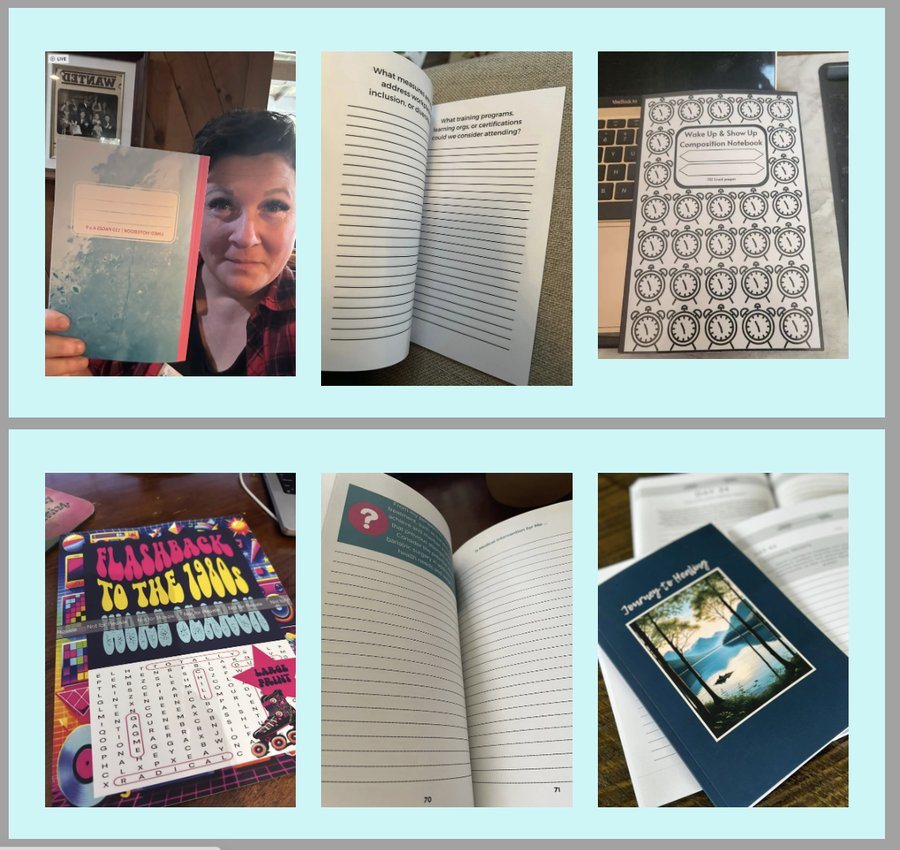 Grid of six student-published book photos: journals, notebooks, planners and coloring books